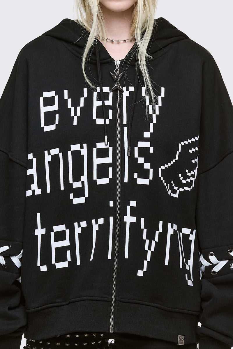 Black zip up hoodie jacket with "Every angels terrifying" graphic print and white lace-up details.