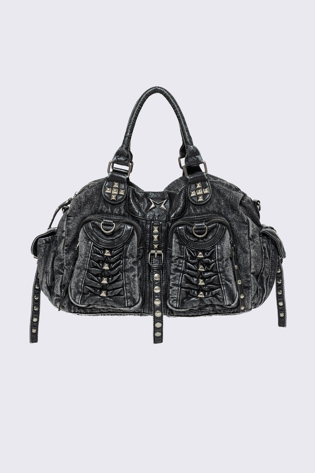 Black acid-wash denim shoulder bag with studs, ruched pockets and buckle details in a grunge Y2K style.