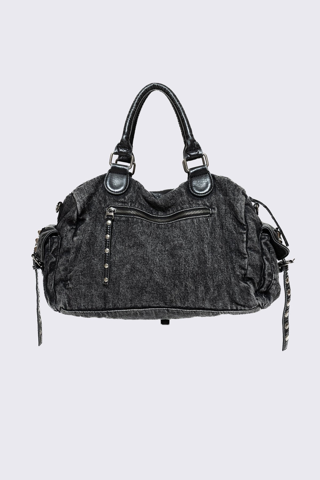 Black acid-wash denim shoulder bag with studs, ruched pockets and buckle details in a grunge Y2K style.