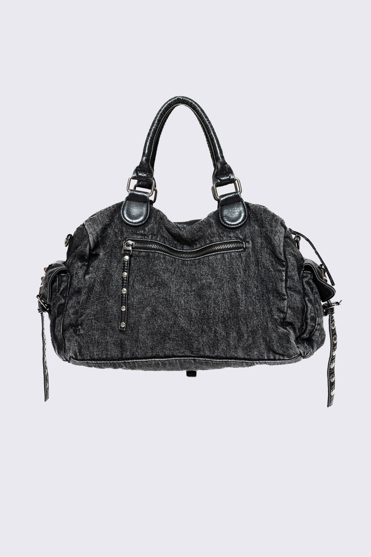 Black acid-wash denim shoulder bag with studs, ruched pockets and buckle details in a grunge Y2K style.