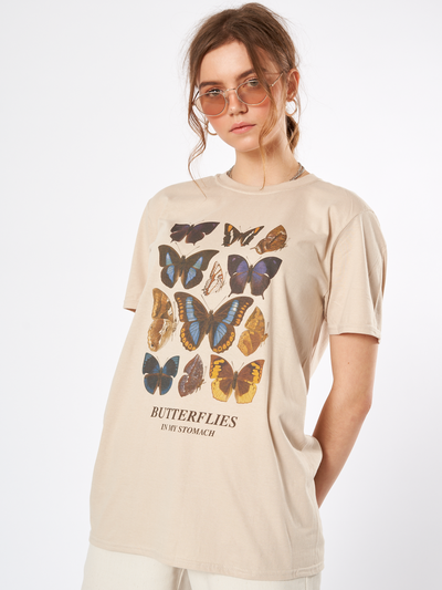 Butterflies In My Stomach Oversized T-shirt in Beige