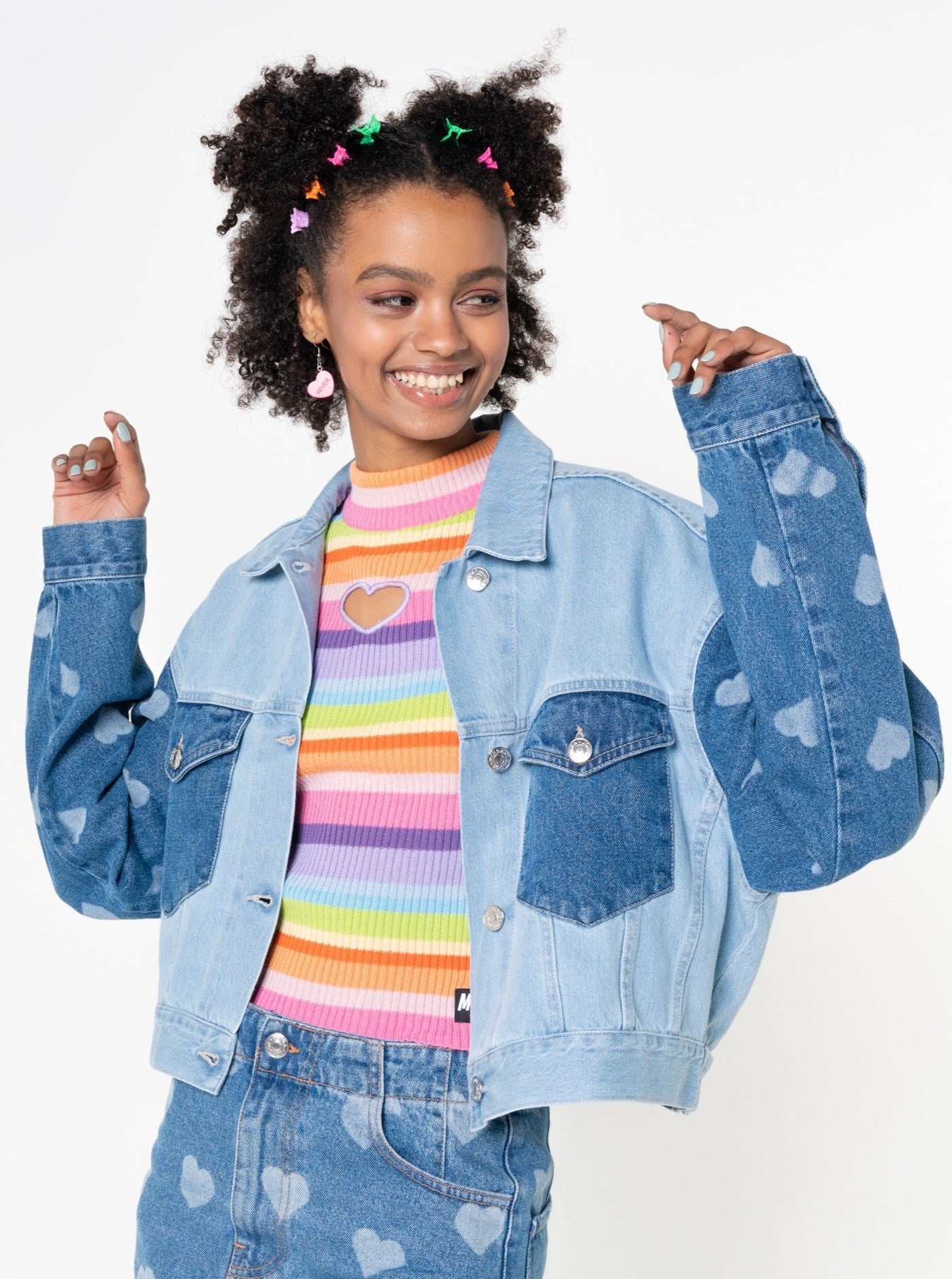 Contrast Denim Jacket in Heart Print - Minga London