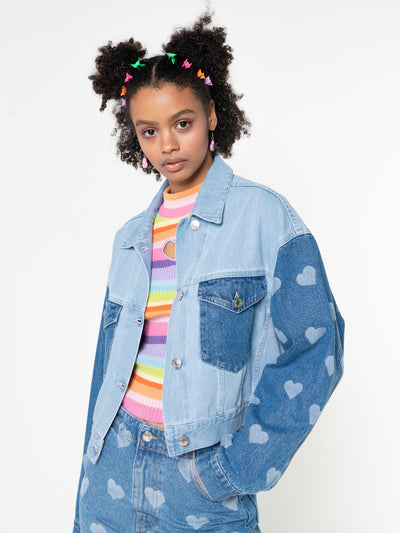 Contrast Denim Jacket in Heart Print - Minga London