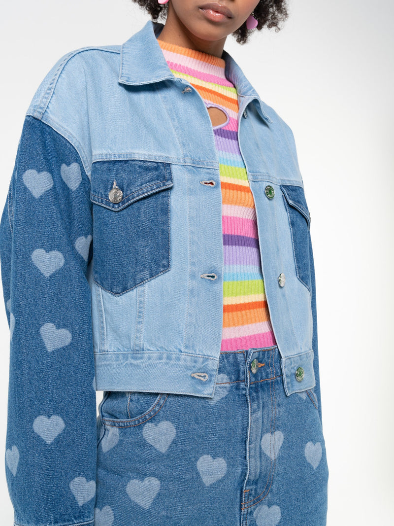 Contrast Denim Jacket in Heart Print - Minga London