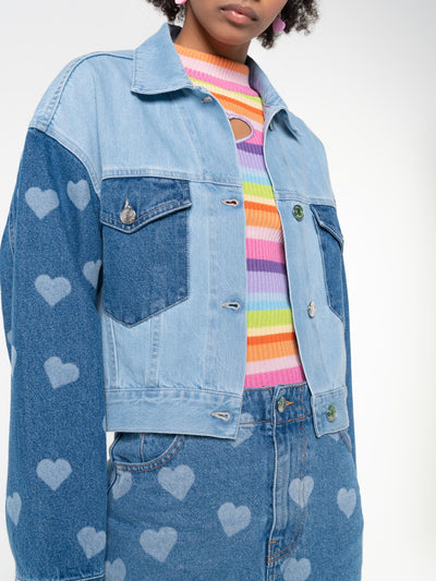 Contrast Denim Jacket in Heart Print - Minga London