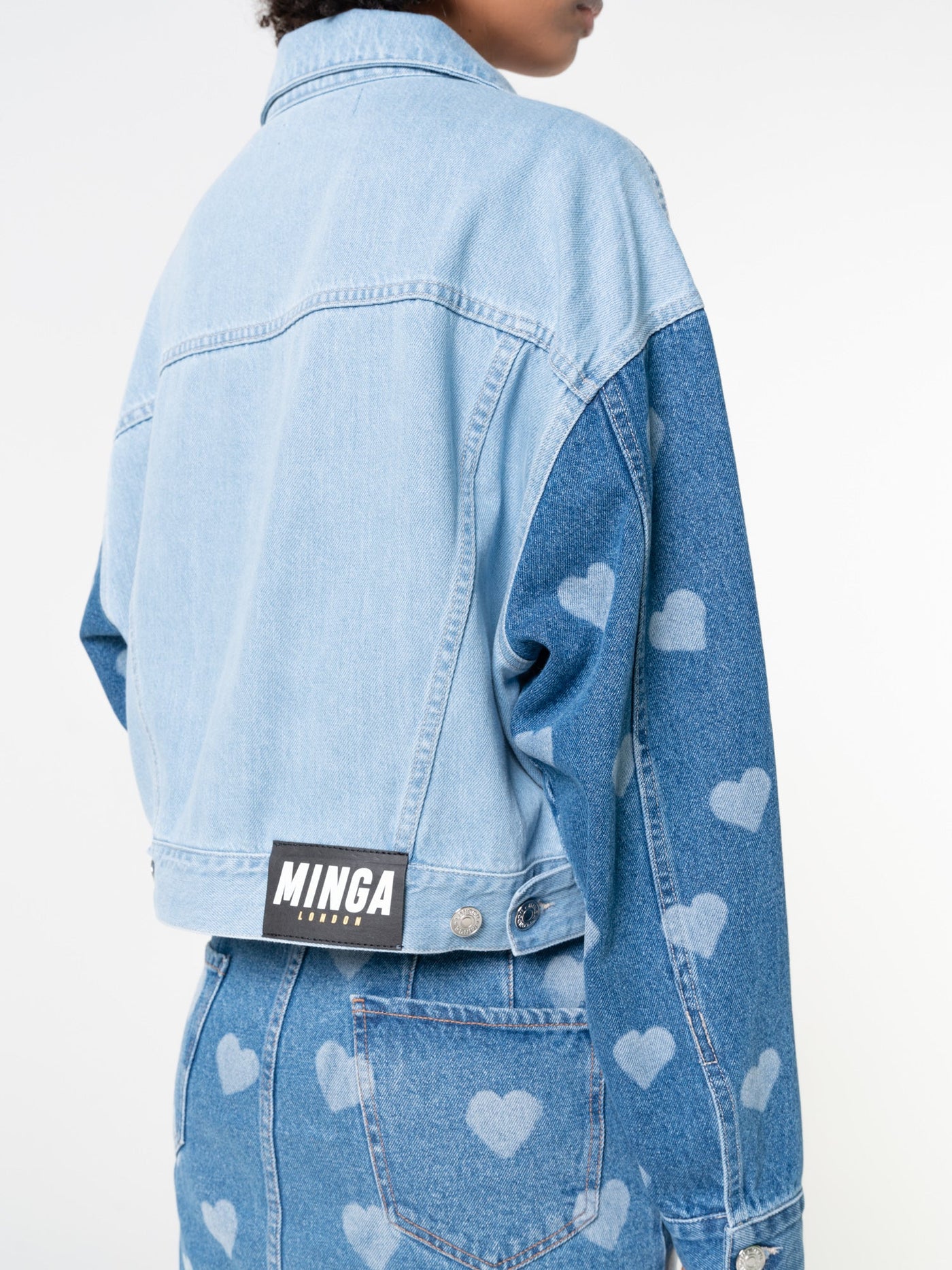 Contrast Denim Jacket in Heart Print - Minga London