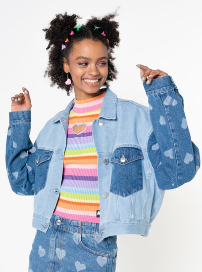 Contrast Denim Jacket in Heart Print - Minga London