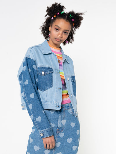 Contrast Denim Jacket in Heart Print - Minga London