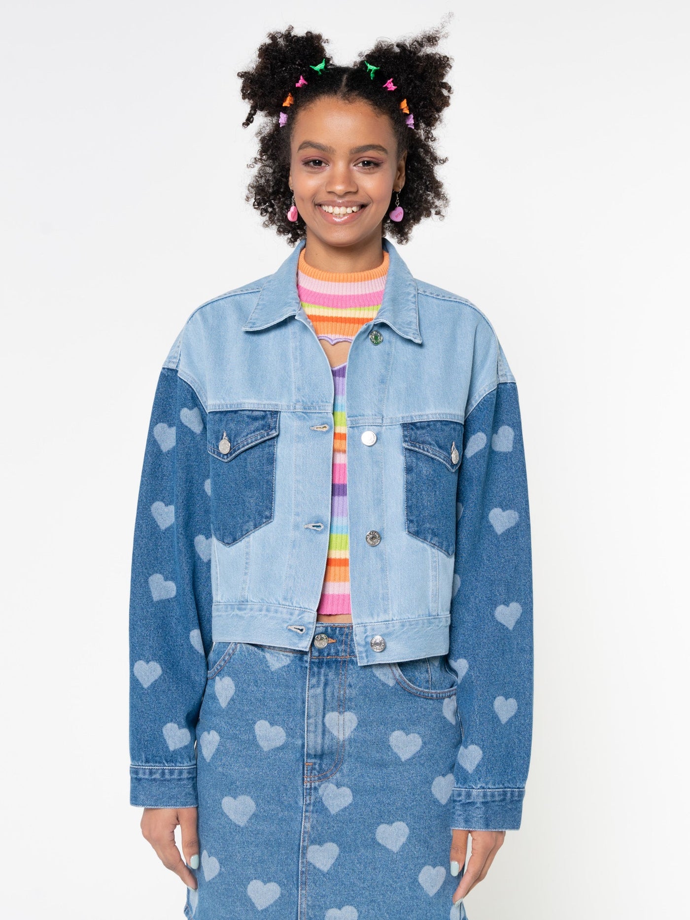 Contrast Denim Jacket in Heart Print - Minga London