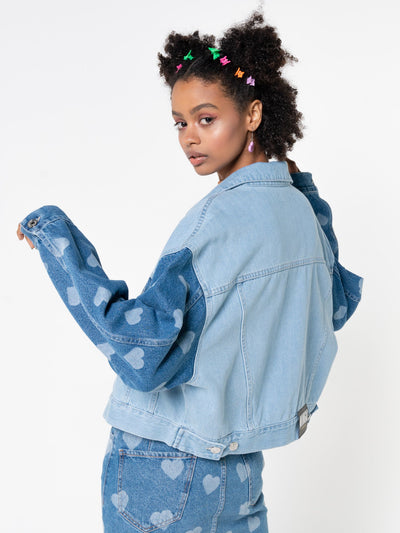 Contrast Denim Jacket in Heart Print - Minga London