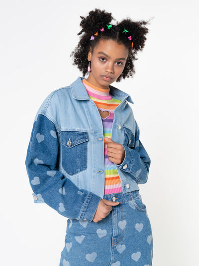 Contrast Denim Jacket in Heart Print - Minga London