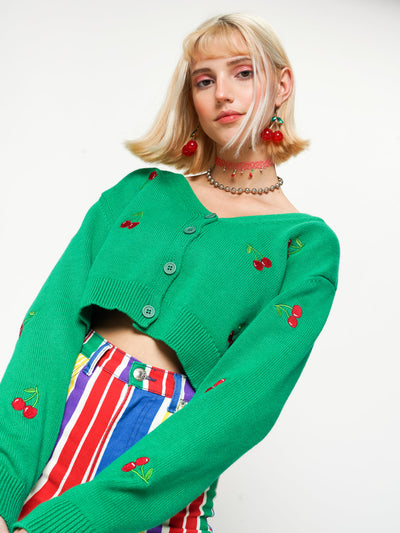 Cherry Girl Green Crop Cardigan - Minga London