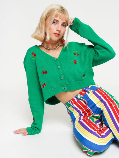 Cherry Girl Green Crop Cardigan - Minga London