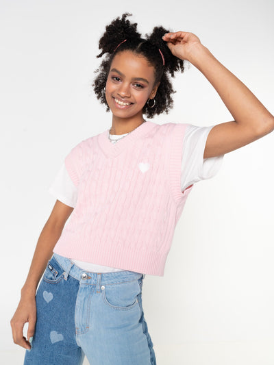 Heart Pink Cable Knitted Sweater Vest - Minga London