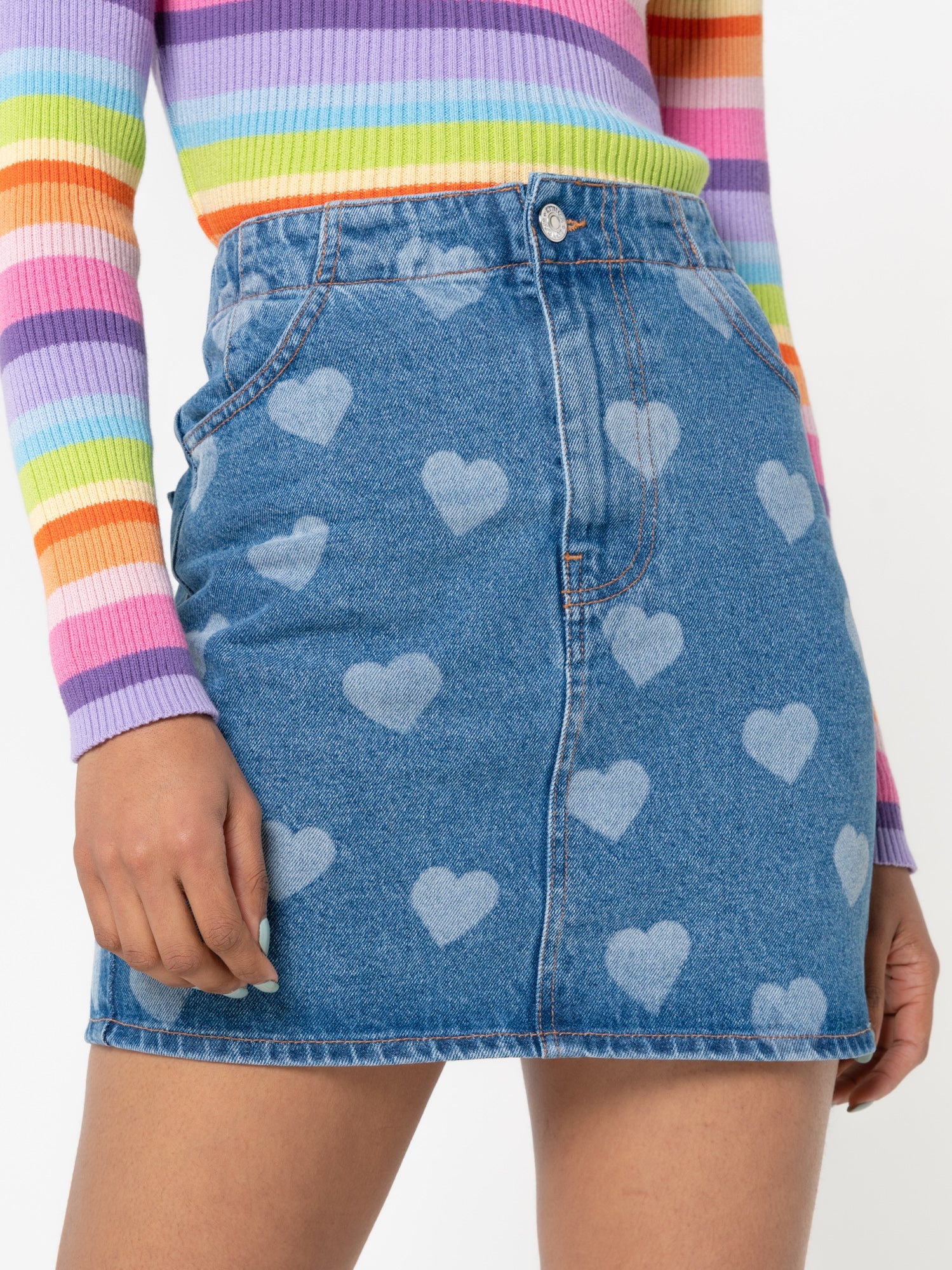 Heart Print Denim Mini Skirt - Minga London