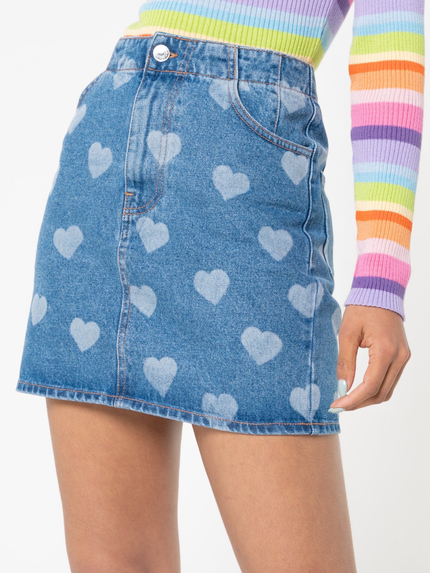 Heart Print Denim Mini Skirt - Minga London
