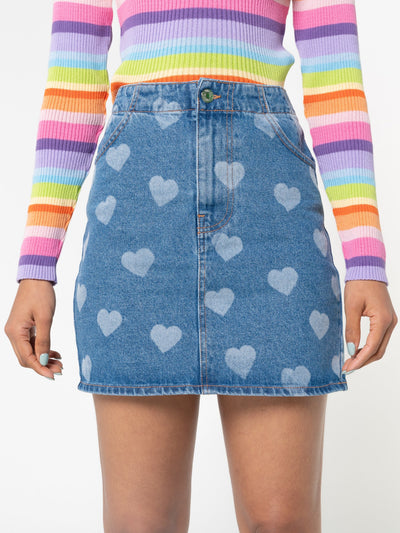 Heart Print Denim Mini Skirt - Minga London