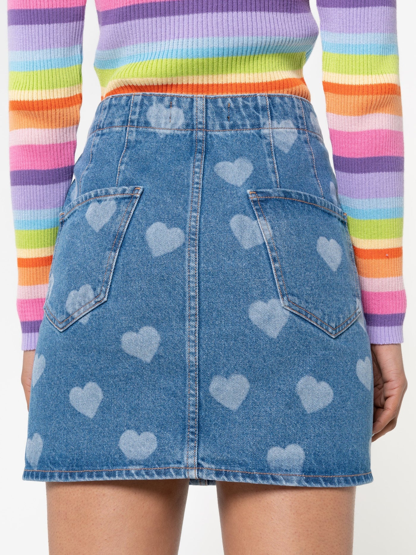 Heart Print Denim Mini Skirt - Minga London
