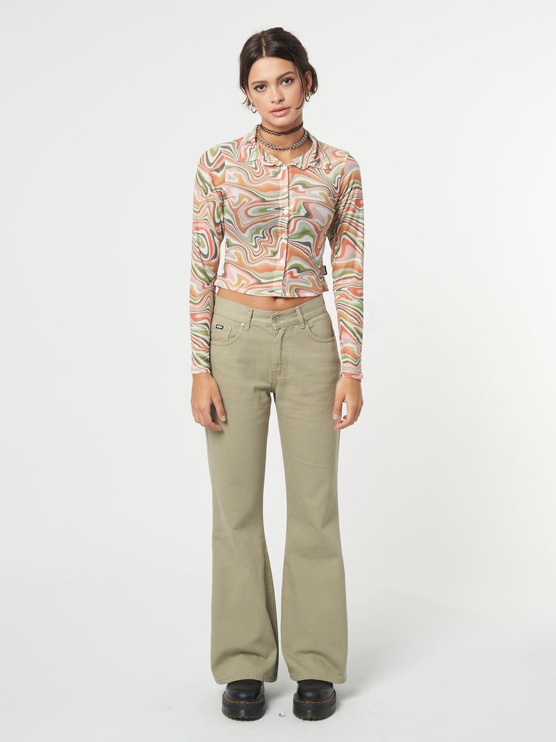Sage Green Flare Jeans - Minga London