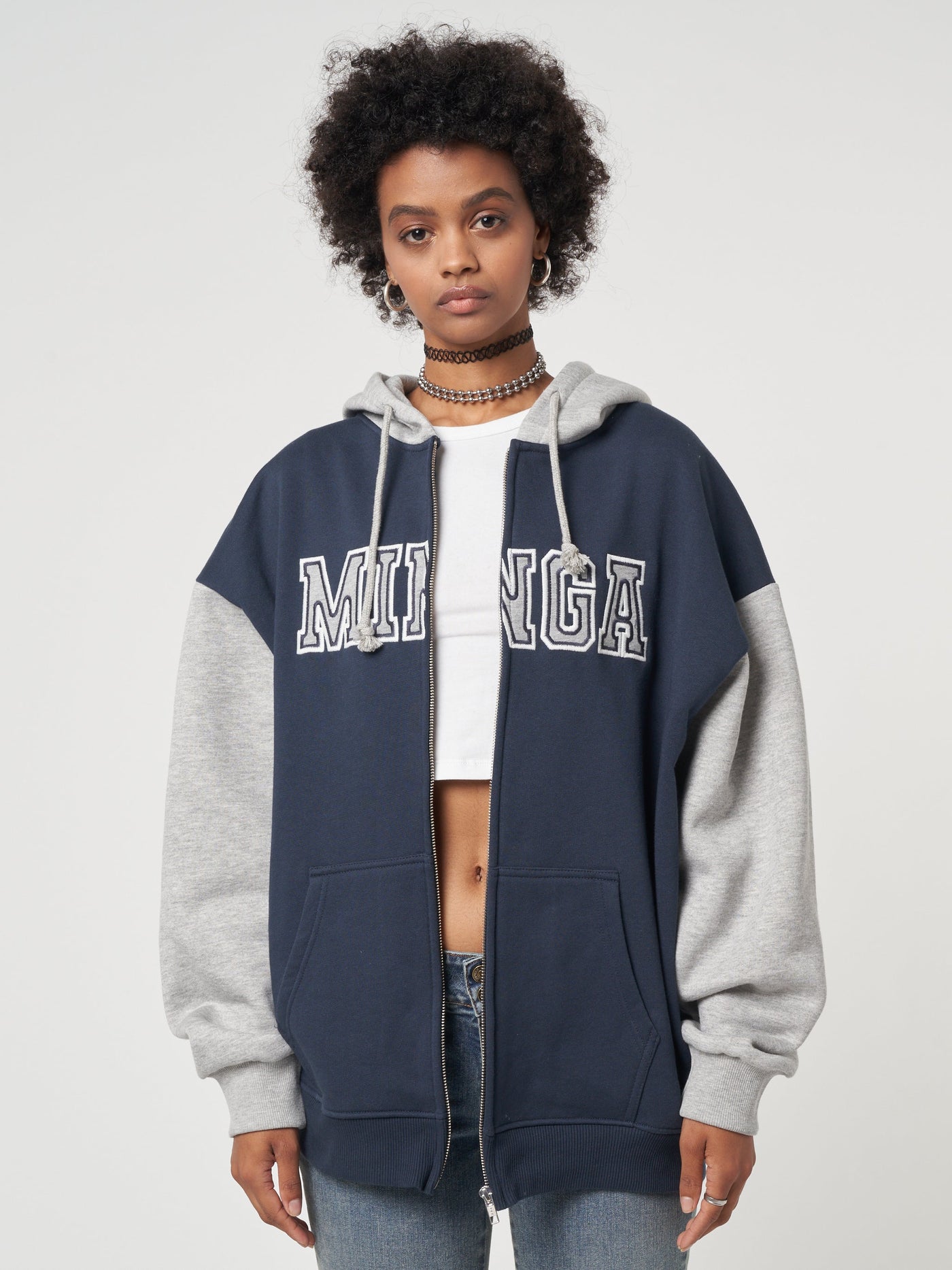 Minga Logo Zip Up Hoodie Jacket in Blue Grey - Minga London