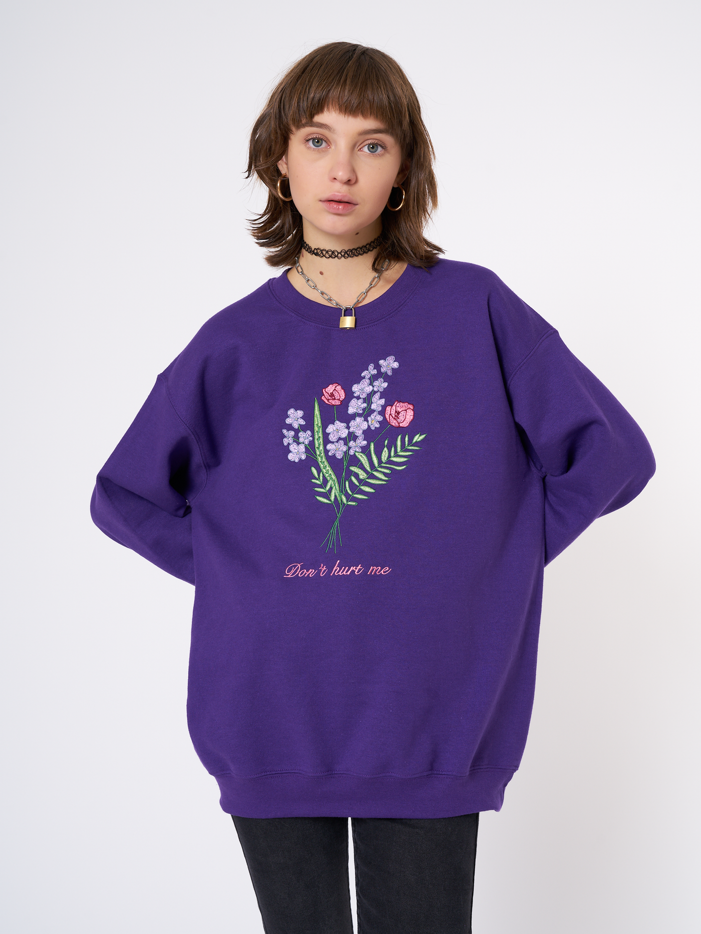 Don't Hurt Me Flowers Embroidered Sweater in Purple 