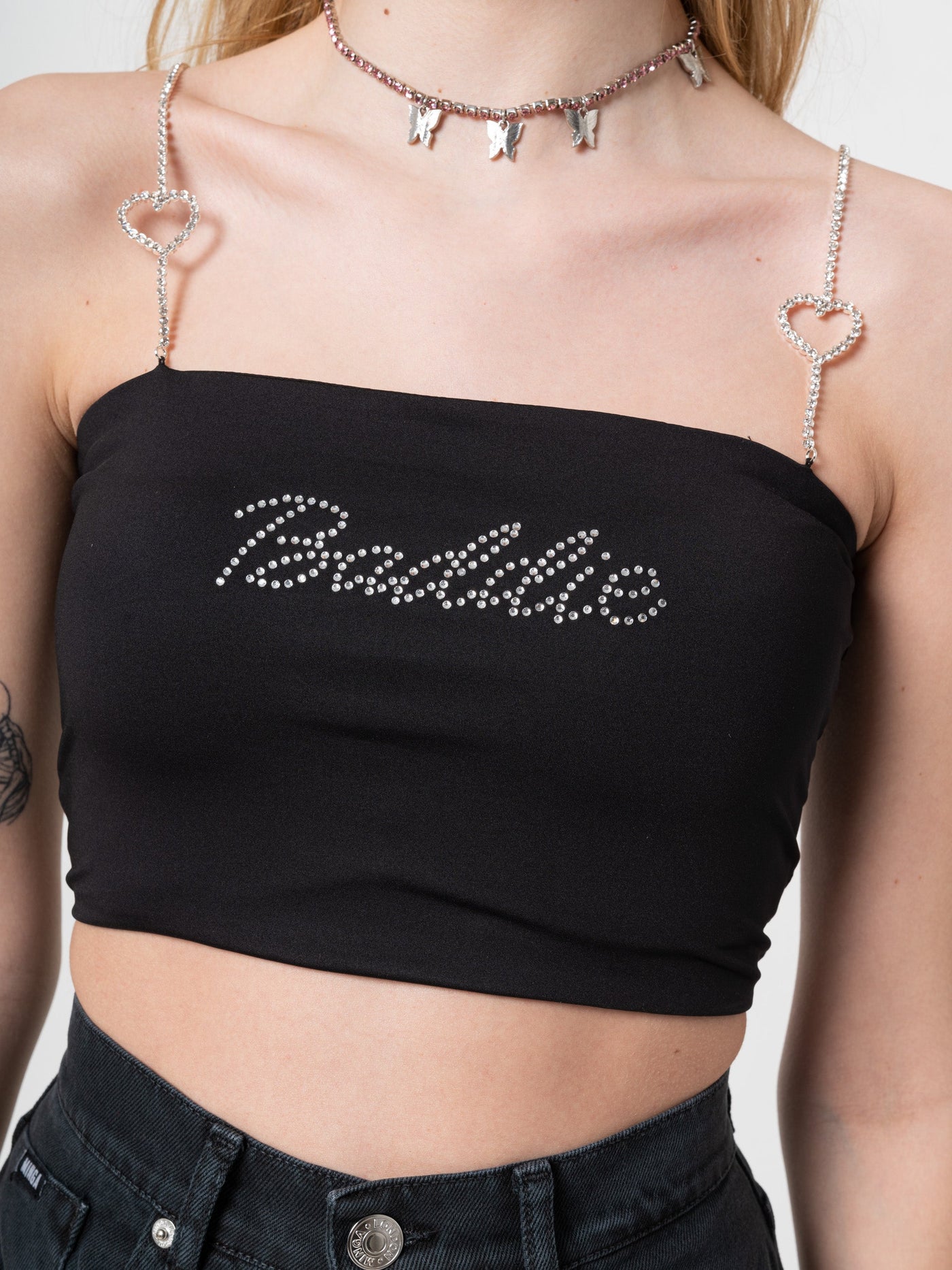 Baddie Rhinestone Heart Strap Crop Top - Minga London