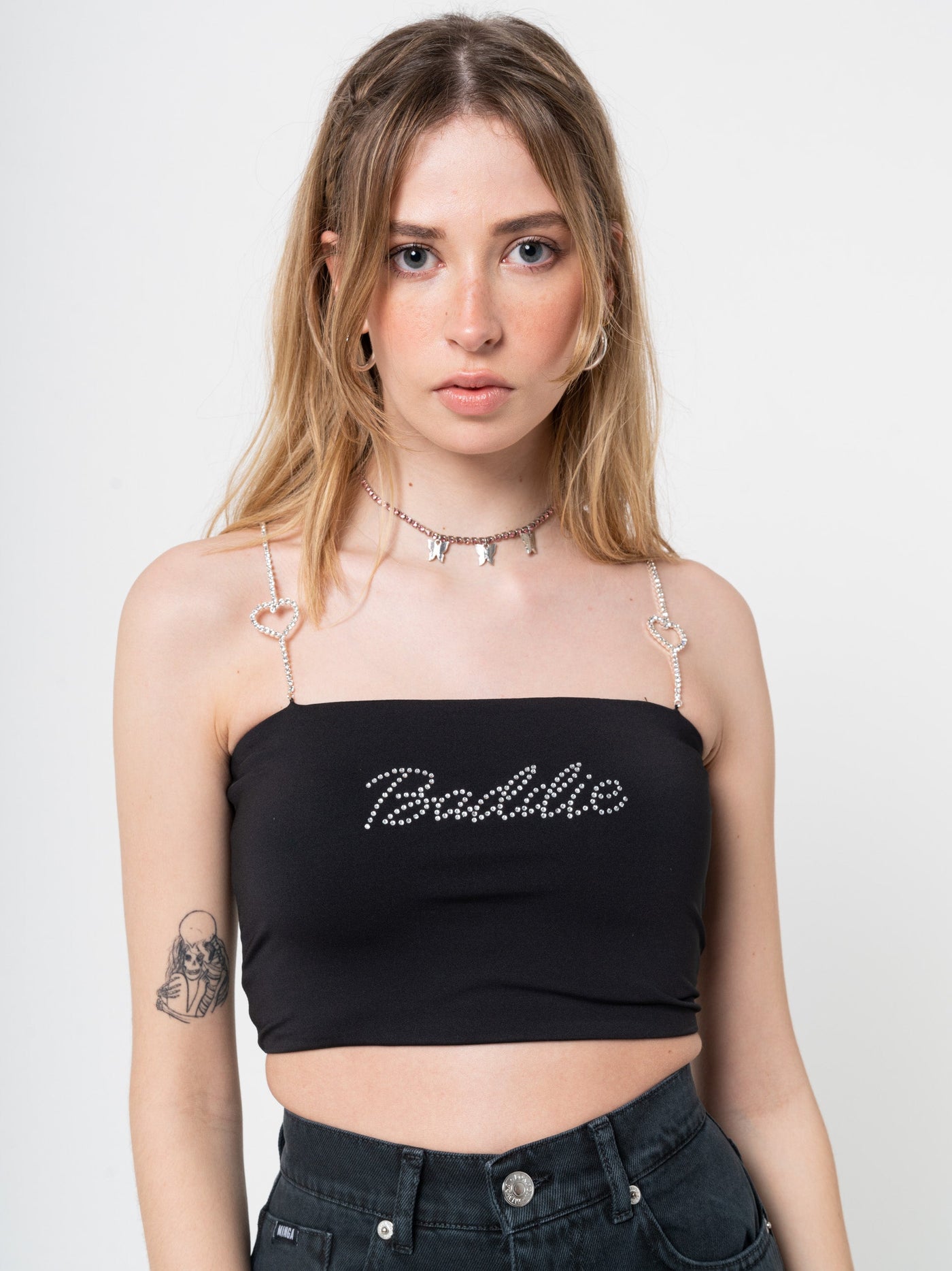 Baddie Rhinestone Heart Strap Crop Top - Minga London