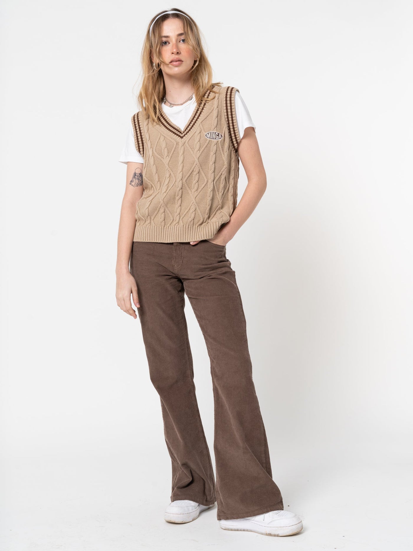 Beige Cable Knitted Sweater Vest - Minga London