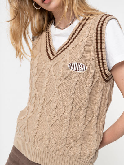 Beige Cable Knitted Sweater Vest - Minga London