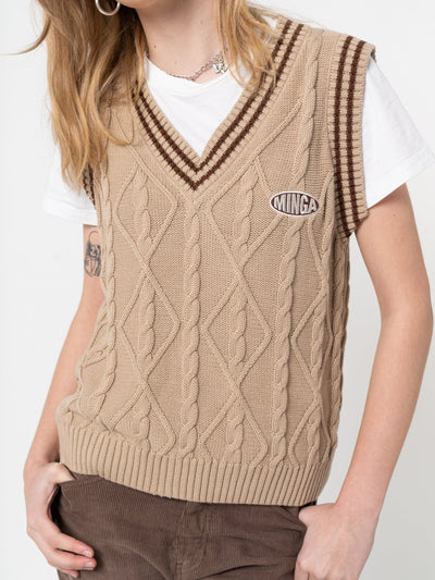 Beige Cable Knitted Sweater Vest - Minga London