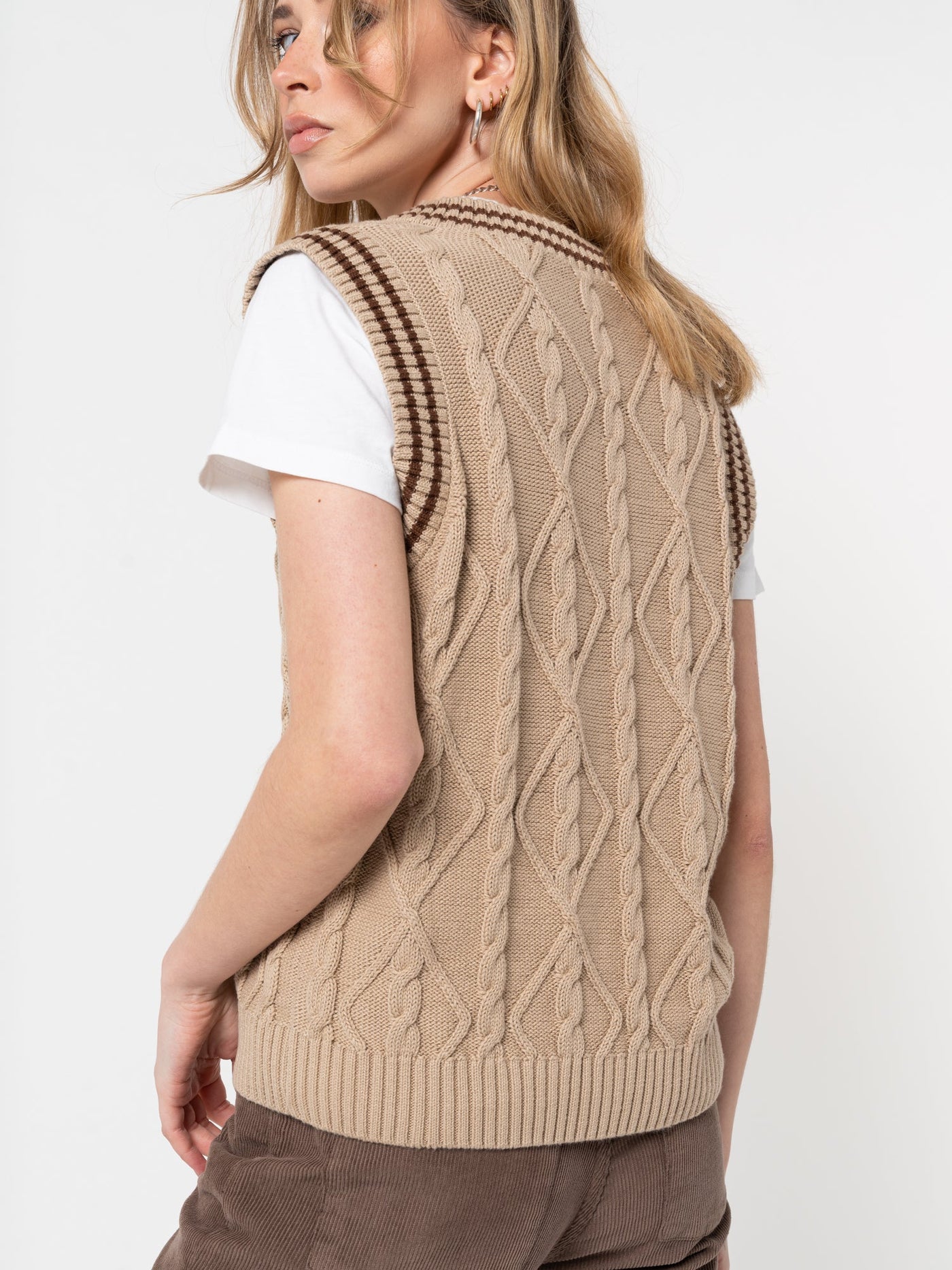 Beige Cable Knitted Sweater Vest - Minga London