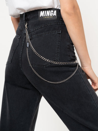 Black Denim Mom Jeans With Chain - Minga London