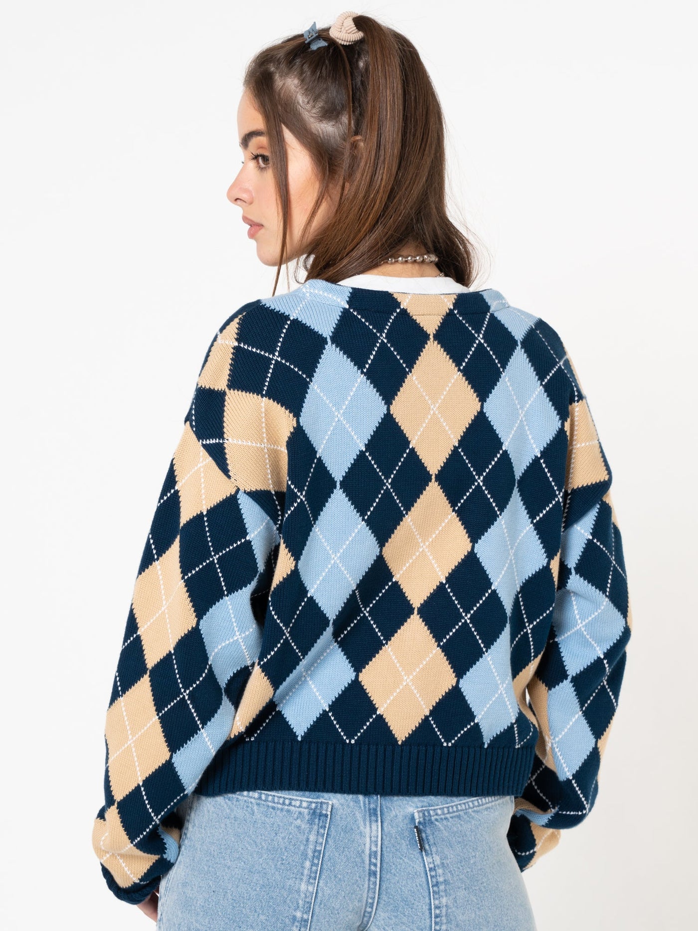 Green Shades Argyle Knitted Jumper#color_blue