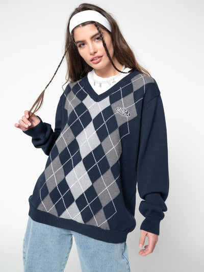 Blue Grey Argyle Knitted Jumper - Minga London