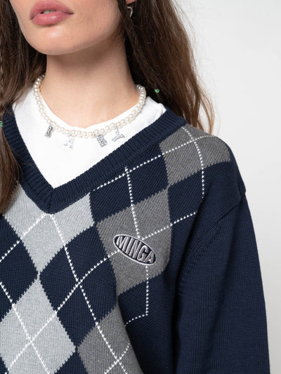 Blue Grey Argyle Knitted Jumper - Minga London