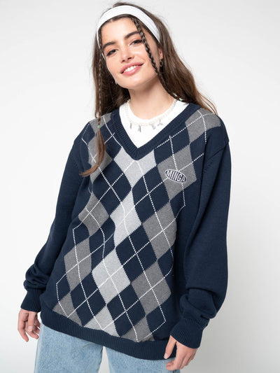 Blue Grey Argyle Knitted Jumper - Minga London