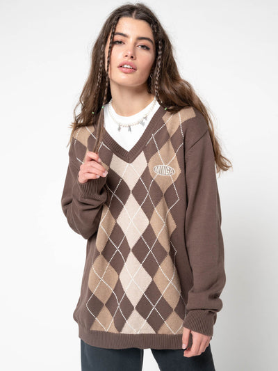 Brown Beige Argyle Knitted Jumper - Minga London