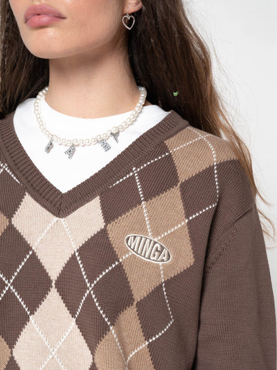 Brown Beige Argyle Knitted Jumper - Minga London