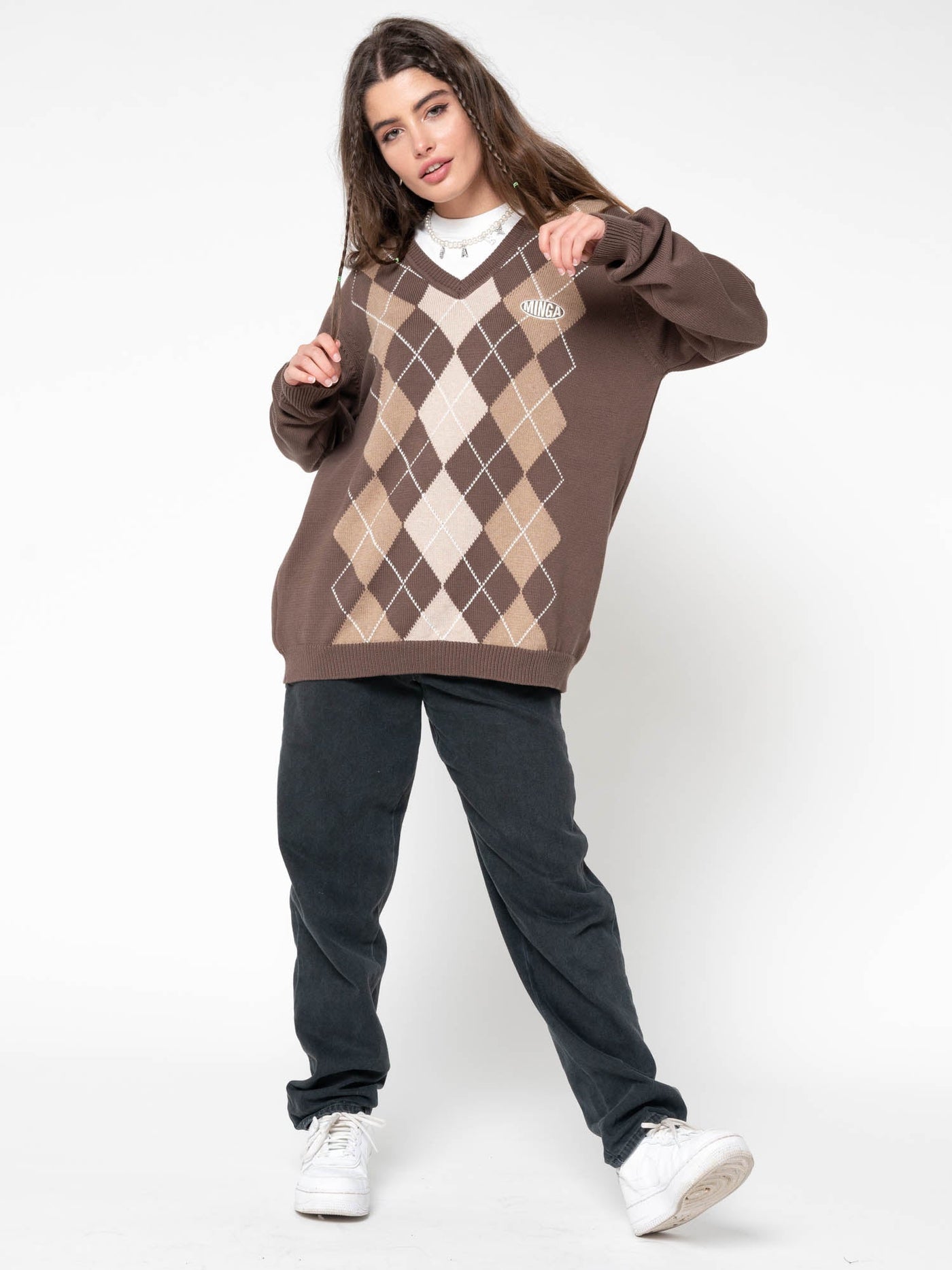 Brown Beige Argyle Knitted Jumper - Minga London