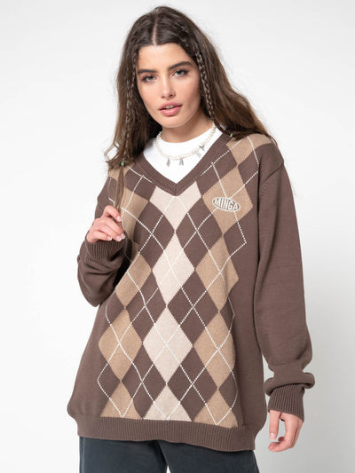 Brown Beige Argyle Knitted Jumper - Minga London