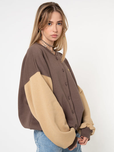 Brown Beige Colour Block Bomber Jacket - Minga London
