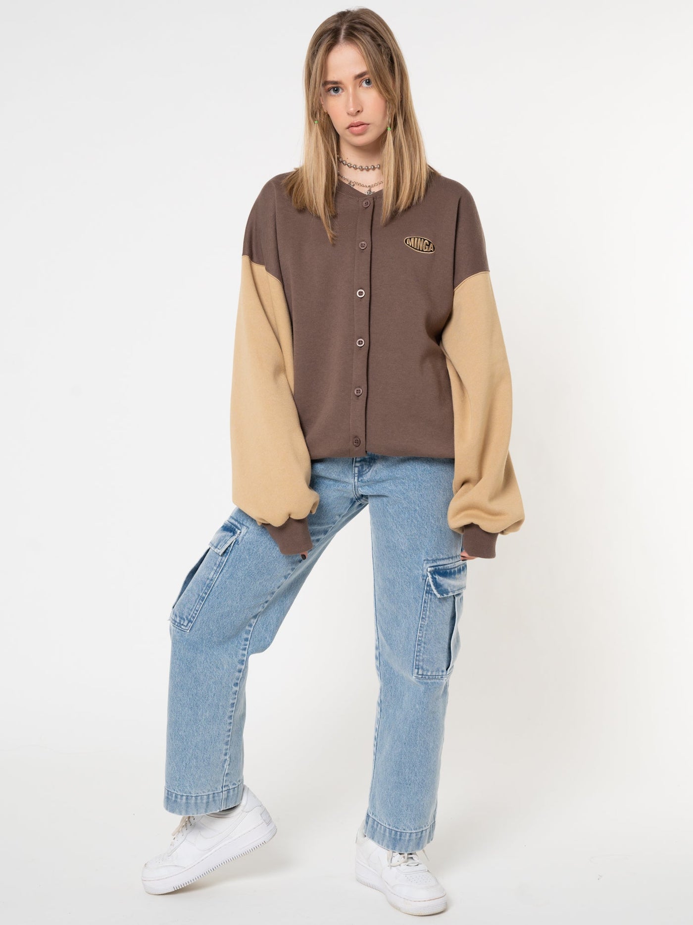 Brown Beige Colour Block Bomber Jacket - Minga London