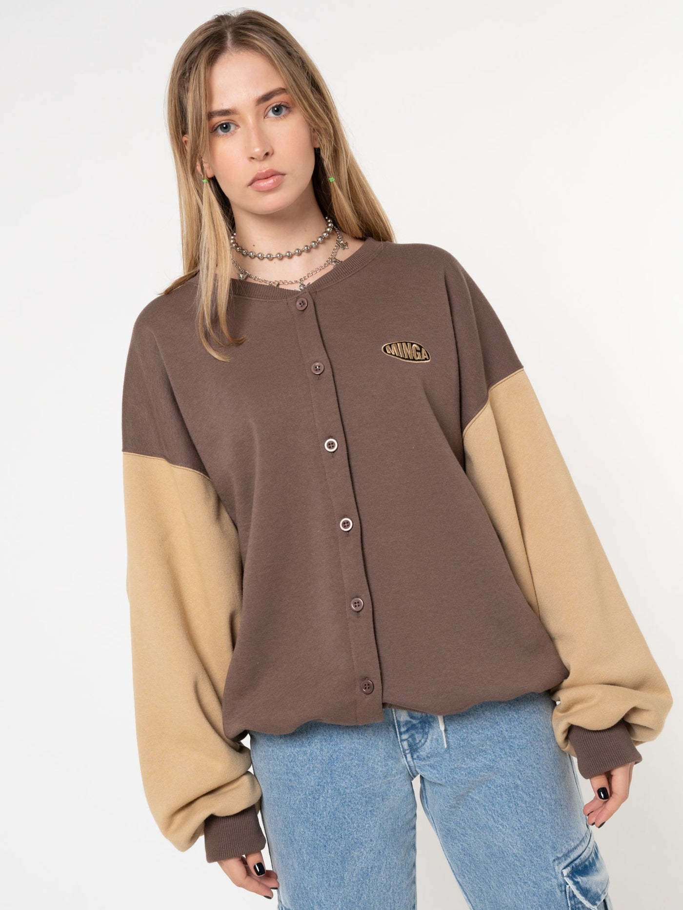 Brown Beige Colour Block Bomber Jacket - Minga London
