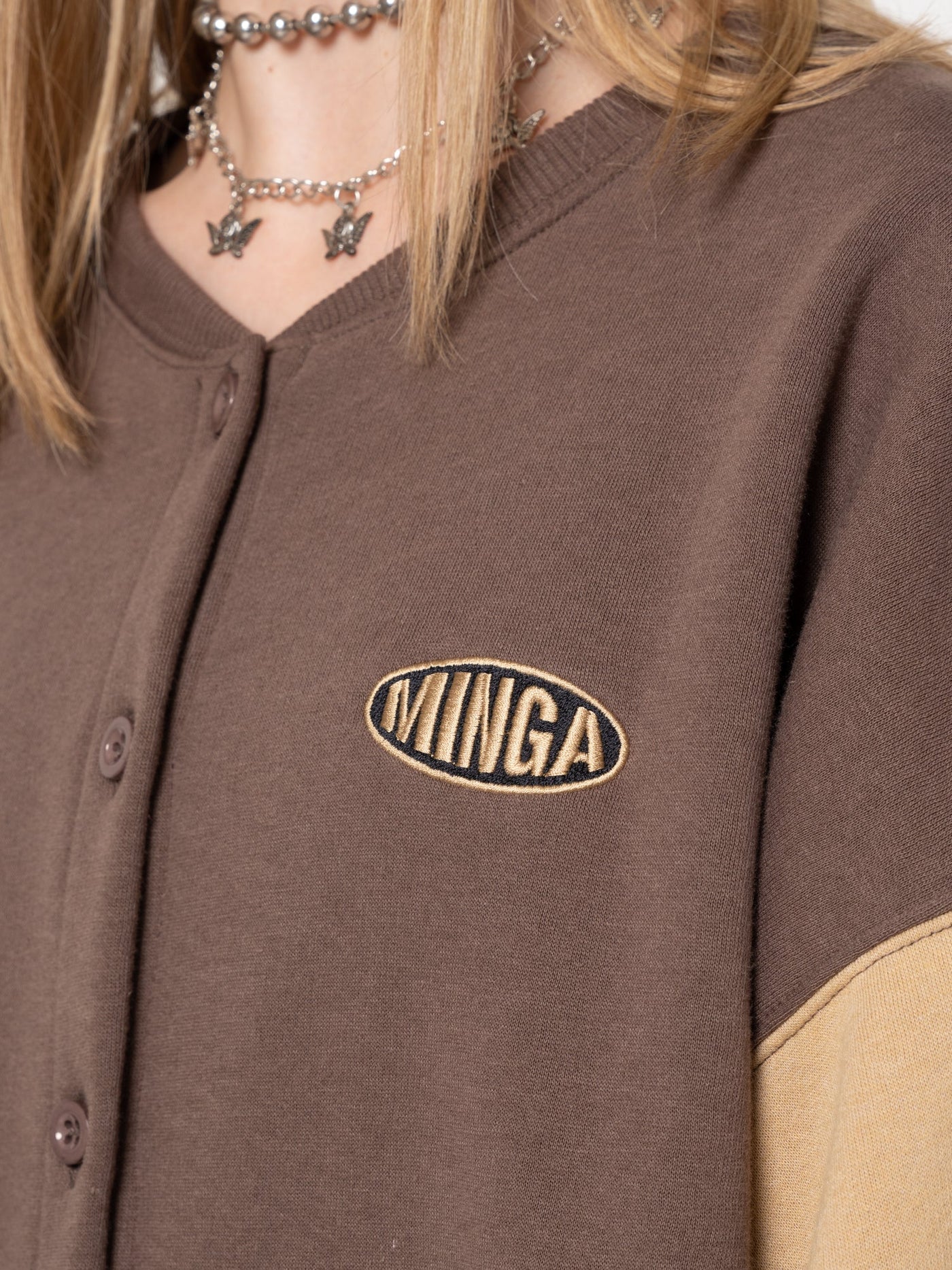 Brown Beige Colour Block Bomber Jacket - Minga London