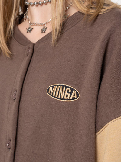 Brown Beige Colour Block Bomber Jacket - Minga London