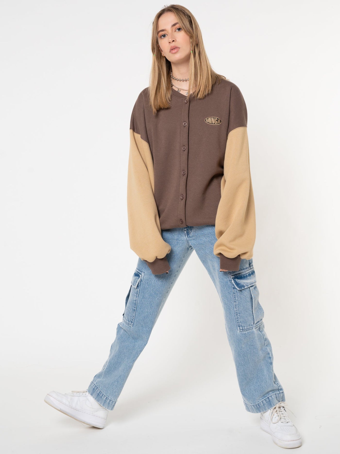 Brown Beige Colour Block Bomber Jacket - Minga London