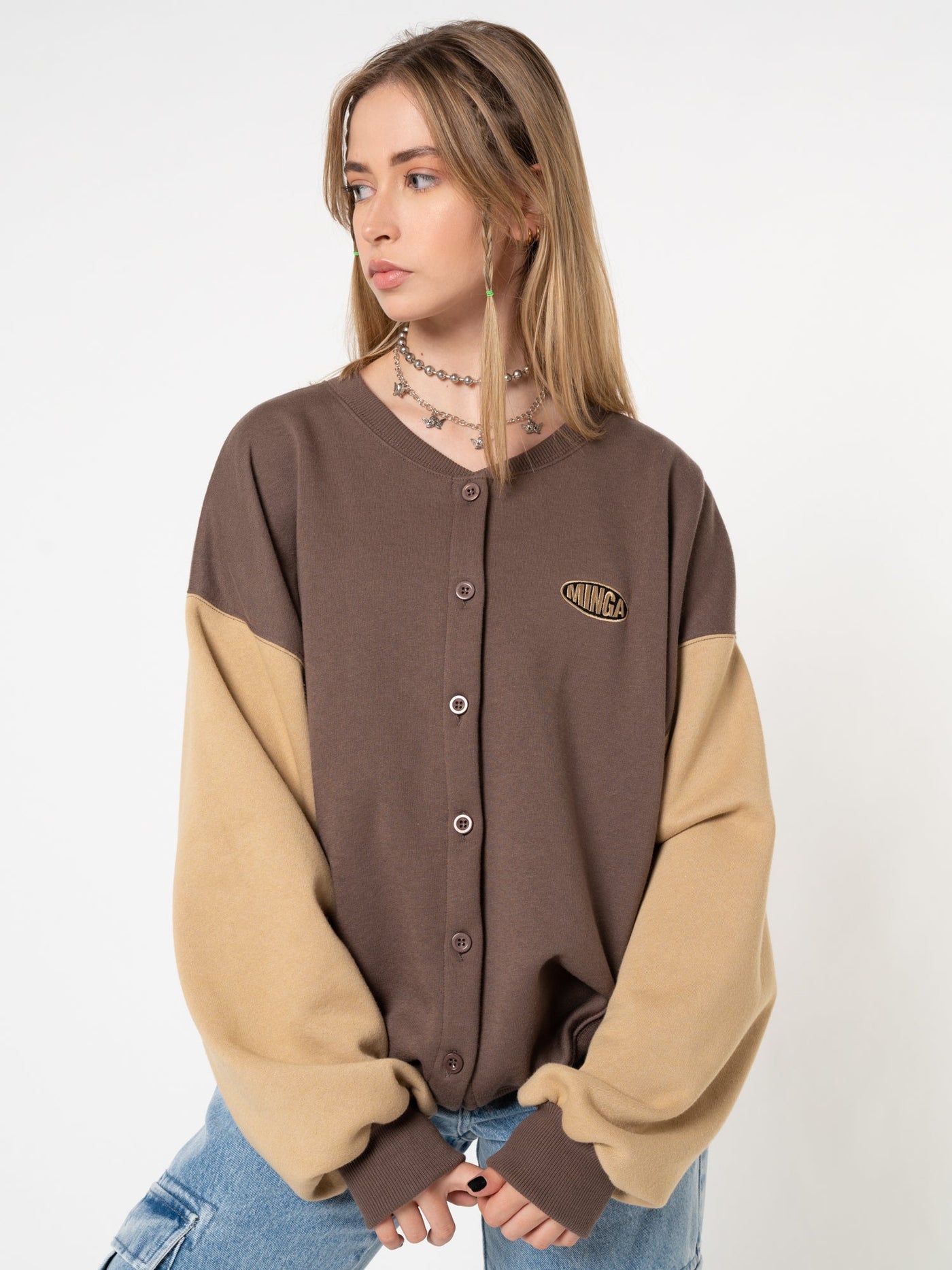 Brown Beige Colour Block Bomber Jacket - Minga London