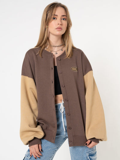 Brown Beige Colour Block Bomber Jacket - Minga London