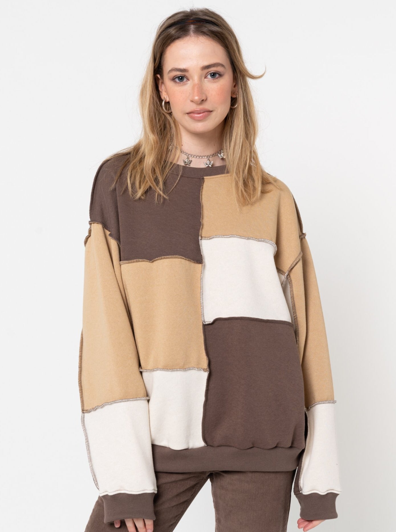 Brown Beige Patchwork Contrast Sweater - Minga London