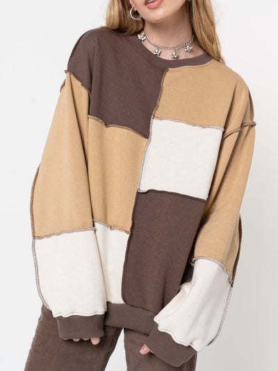 Brown Beige Patchwork Contrast Sweater - Minga London